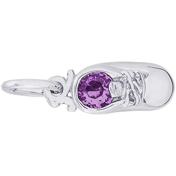Rhodium Sterling Silver Baby Shoe Charm, February, Polished, Engravable Barnes Jewelers Goldsboro, NC