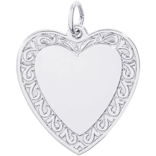 Rhodium Sterling Silver Heart Charm with scroll edge. 23mm x 21.5mm,  polished, engravable. Barnes Jewelers Goldsboro, NC