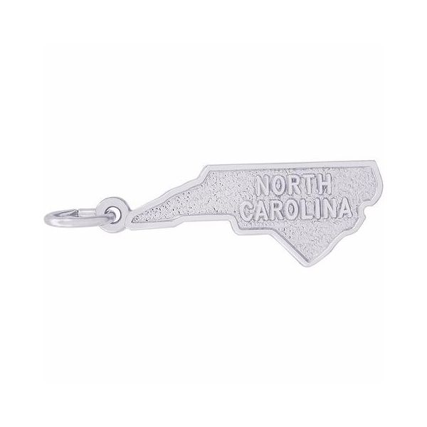 Rhodium Sterling Silver North Carolina Charm.  engravable back. Barnes Jewelers Goldsboro, NC