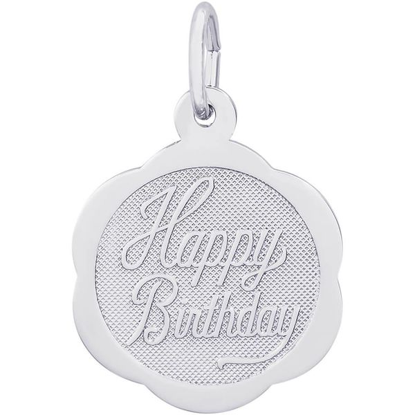 Rhodium Sterling Silver Happy Birthday Scalloped  Disc Charm. apx 16mm. polished, engravable. Barnes Jewelers Goldsboro, NC