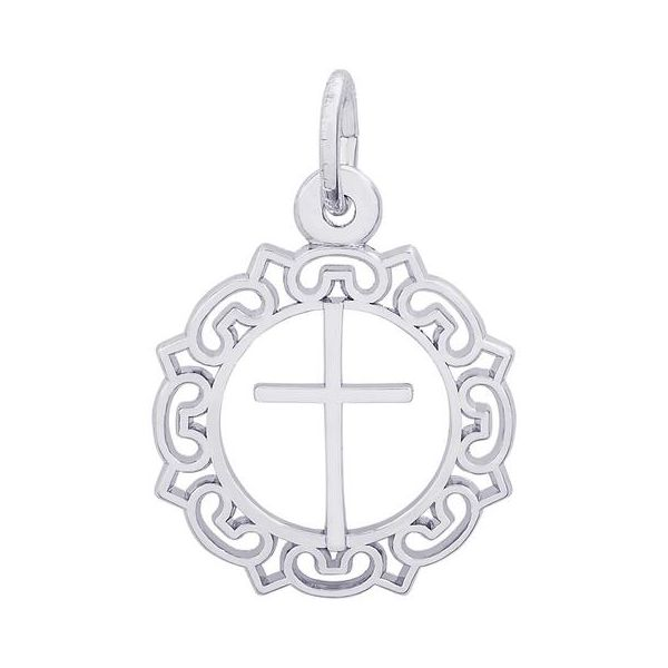 Rhodium Sterling Silver Cross. Scrolled Edge Charm. 16.5mm,  Polished. Barnes Jewelers Goldsboro, NC