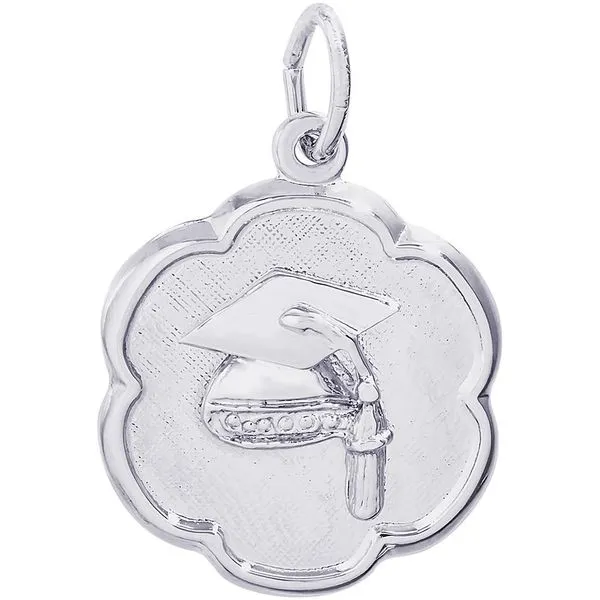 Rhodium Sterling Silver Graduation Cap Scalloped Disc Charm. Polished. Engravable. Barnes Jewelers Goldsboro, NC