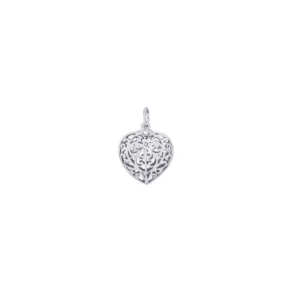 Rhodium Sterling Silver Filigree Puffed Heart Charm. Polished.  .71