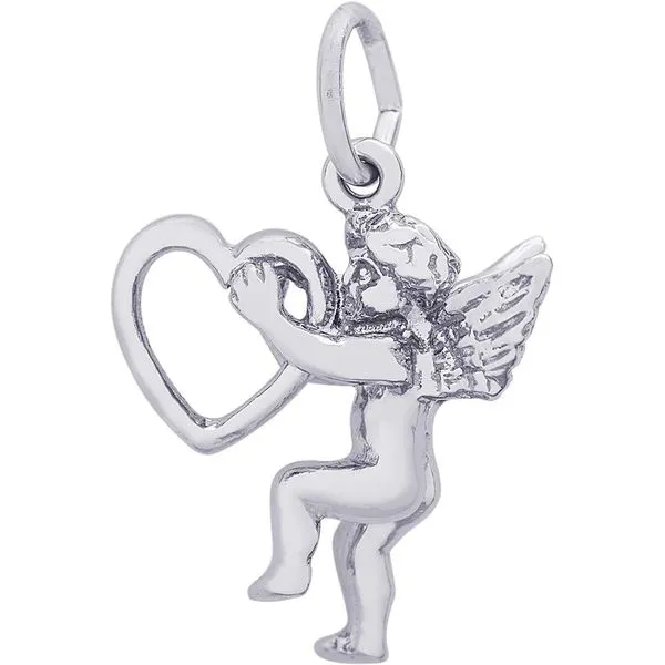 Rhodium Sterling Silver 3-D Love Angel w/Heart Charm/Pendant, Polished,  0.65 x 0.67. Barnes Jewelers Goldsboro, NC