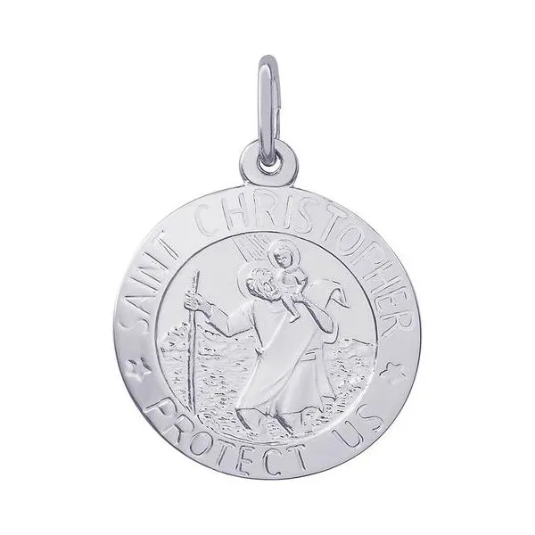 Rhodium Sterling Silver St Christopher Medal  Disc Charm/Pendant. 18.5mm, Polished, Engravable, Barnes Jewelers Goldsboro, NC