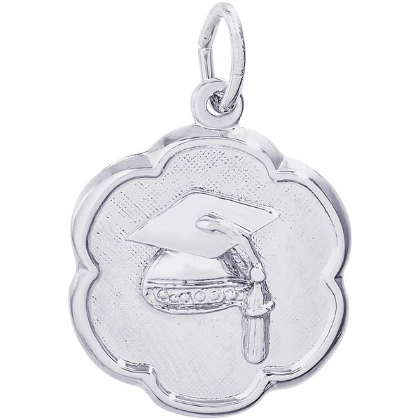 Rhodium Sterling Silver Graduation Cap Scalloped Disc Charm. Polished. Engravable. Barnes Jewelers Goldsboro, NC