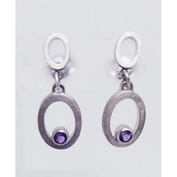 Rhodium Sterling Silver Dangle  earrings w/ amethyst stones. Brushed finish. Barnes Jewelers Goldsboro, NC