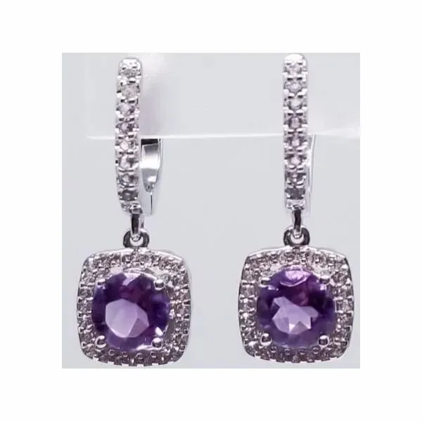 Rhodium Sterling Silver Dangle Earrings, Posts, Round 6mm Amethysts, CZ Halo, 2.79ct, Barnes Jewelers Goldsboro, NC