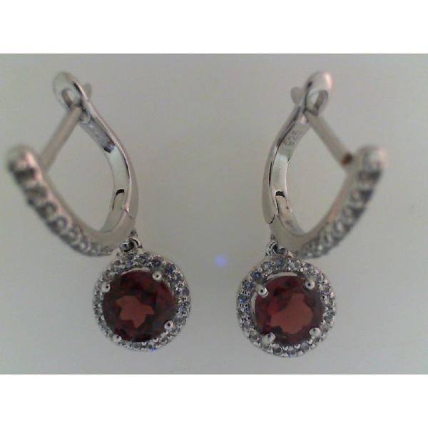 ITALGEM - Rhodium Sterling Silver Dangle Earrings, Posts, Hinged,  2 Round 6mm Garnets,  w/ CZ Halos,  2.00ct,  H37E112WGT2 Barnes Jewelers Goldsboro, NC