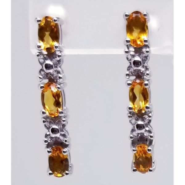 Rhodium Sterling Silver Dangle Earrings w/ Six  5mm x 3mm Golden Citrines 2.26tw and 16 round White topaz 0.26tw. Posts Backs Barnes Jewelers Goldsboro, NC