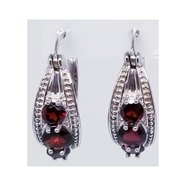 Rhodium Sterling Silver Fashion Hoop  Earrings with 6 Round Garnets.  2.30 tw. Barnes Jewelers Goldsboro, NC