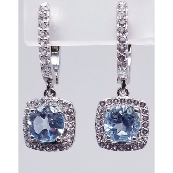 Rhodium Sterling Silver Dangle Earrings With 6mm Round Faceted Blue Topaz And Cubic Zirconias  3.30tw Barnes Jewelers Goldsboro, NC