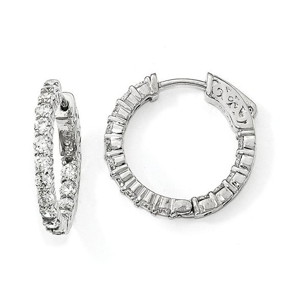 Rhodium Sterling Silver In /Out Vault- Lock Hoop Earrings with 30 CZ stones,  apx 20mm round. Barnes Jewelers Goldsboro, NC