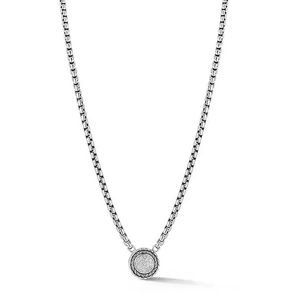 JAI  Pave Diamond Round Disc Necklace, Sterling Silver, 3.7MM Box Chain, 16