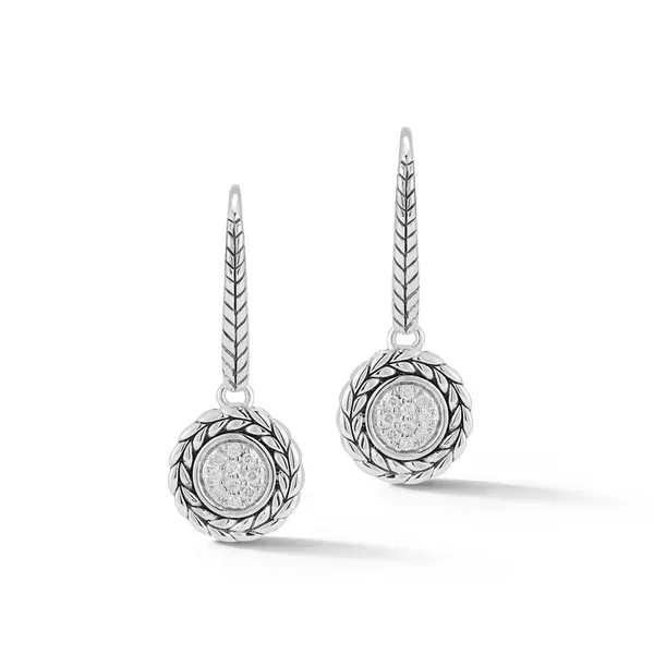 JAI  Pave Diamond Round Disc Dangle Earrings, Sterling Silver, Leverback  JJH6004E-DI Barnes Jewelers Goldsboro, NC