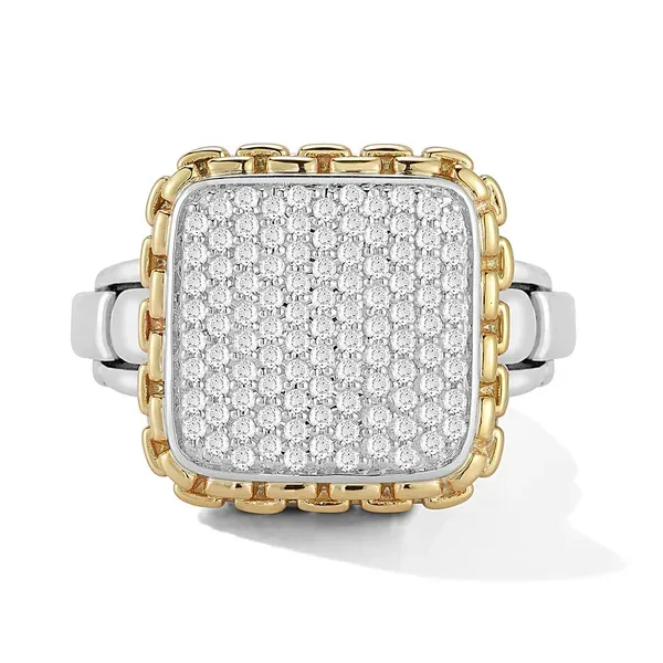 JAI  Pave Diamond Square Ring, Sterling Silver and 14KT Yellow Gold, 0.55CTTW Round, Size 7  JJH6011RG-7-DI Barnes Jewelers Goldsboro, NC