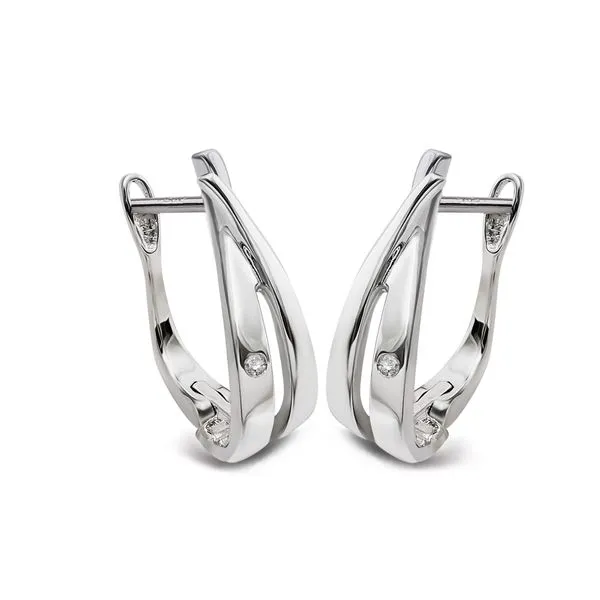 ITALGEM  Crossover Diamond Huggie Hoop Earrings, Sterling Silver, 0.025CTTW Round  H41E104WSH1 Barnes Jewelers Goldsboro, NC