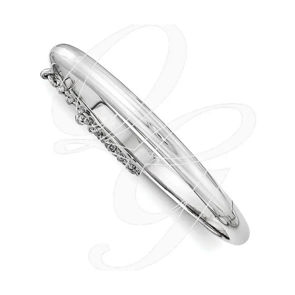 Handmade Rhodium Sterling Silver 5mm X 40mm Baby Bangle Bracelet, Engraved, Hinged with safety chain Barnes Jewelers Goldsboro, NC