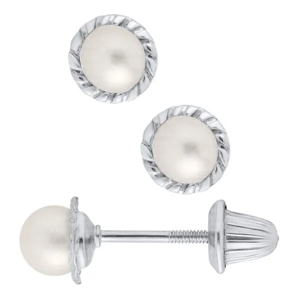 MARATHON  Children's Pearl Stud Earrings, Sterling Silver, Rhodium, 6MM, Threaded Post  ES431 Barnes Jewelers Goldsboro, NC