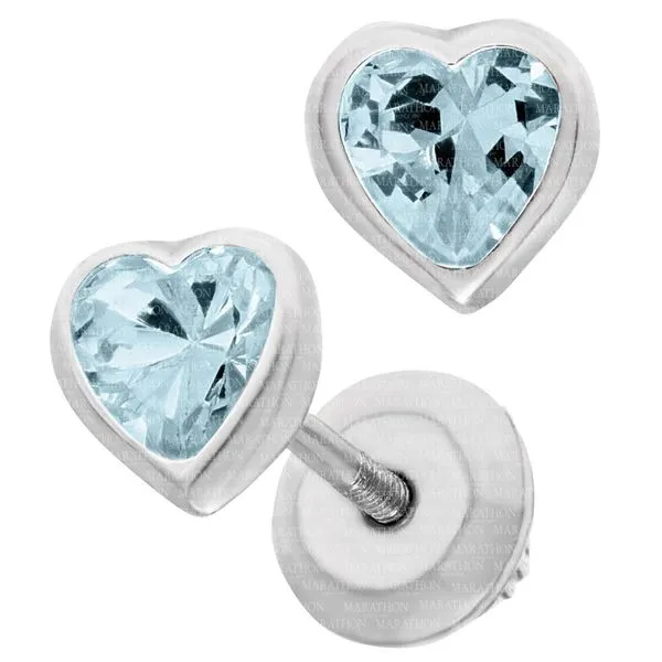MARATHON  Children's Heart Birthstone Stud Earrings, Sterling Silver, Rhodium, MARCH, Light Blue CZ, Threaded Post  ES43303 Barnes Jewelers Goldsboro, NC