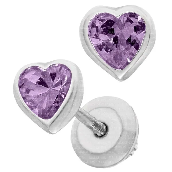 MARATHON  Children's Heart Birthstone Stud Earrings, Sterling Silver, Rhodium, JUNE, Light Purple CZ, Threaded Post  ES43306 Barnes Jewelers Goldsboro, NC