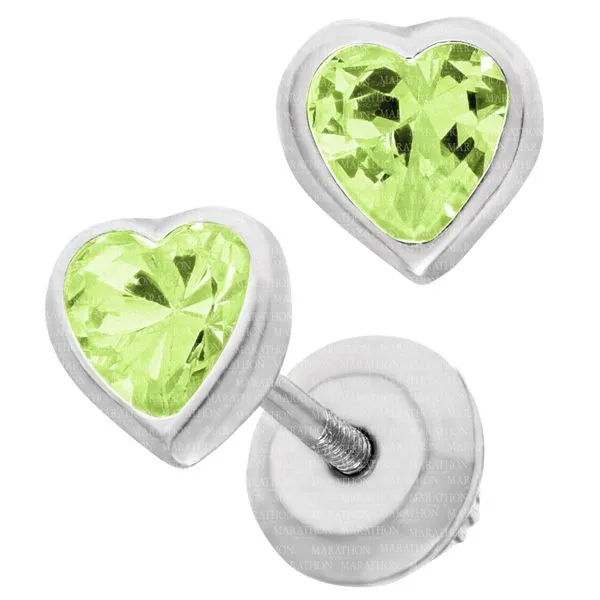 MARATHON  Children's Heart Birthstone Stud Earrings, Sterling Silver, Rhodium, AUGUST, Light Green CZ, Threaded Post  ES43308 Barnes Jewelers Goldsboro, NC