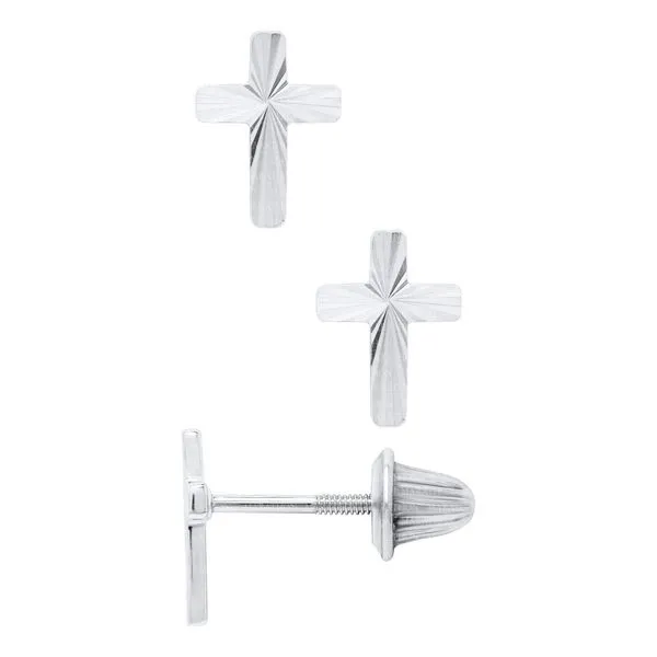 MARATHON  Children's Diamond Cut Cross Stud Earrings, Sterling Silver, Rhodium, Threaded Post  ES529 Barnes Jewelers Goldsboro, NC