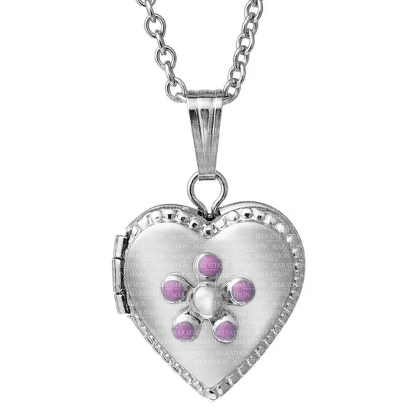 MARATHON  Children's Heart Locket with Purple Enameled Flower, Sterling Silver, Rhodium, 12MM, 15