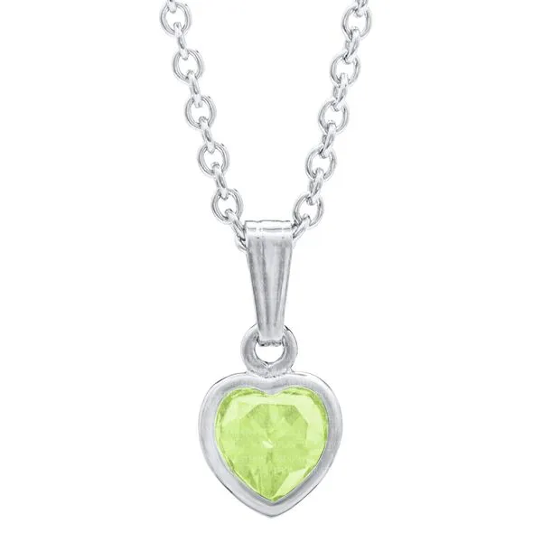 MARATHON  Children's Heart Birthstone Necklace, Sterling Silver, Rhodium, AUGUST, Light Green CZ, 13