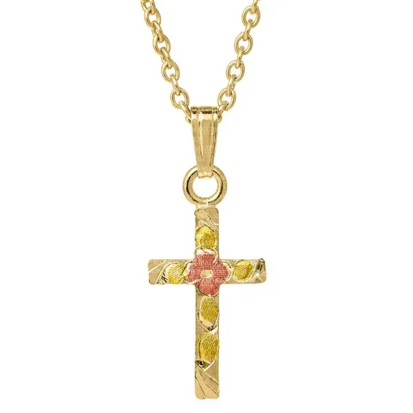 MARATHON  Children's Hand Engraved Floral Cross Necklace, 14KT Yellow, Rose and White Gold Filled, 13