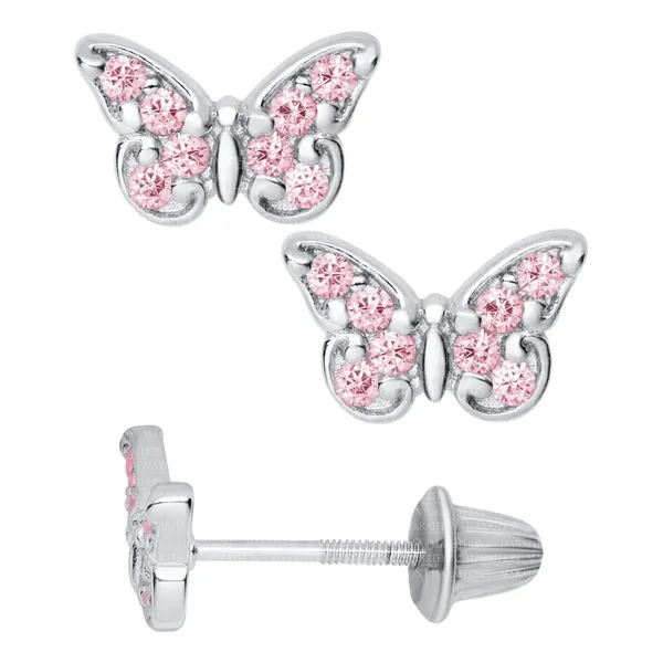 MARATHON  Children's Pink CZ Butterfly Stud Earrings, Sterling Silver, Rhodium, Cubic Zirconia, Threaded Post  ES408 Barnes Jewelers Goldsboro, NC