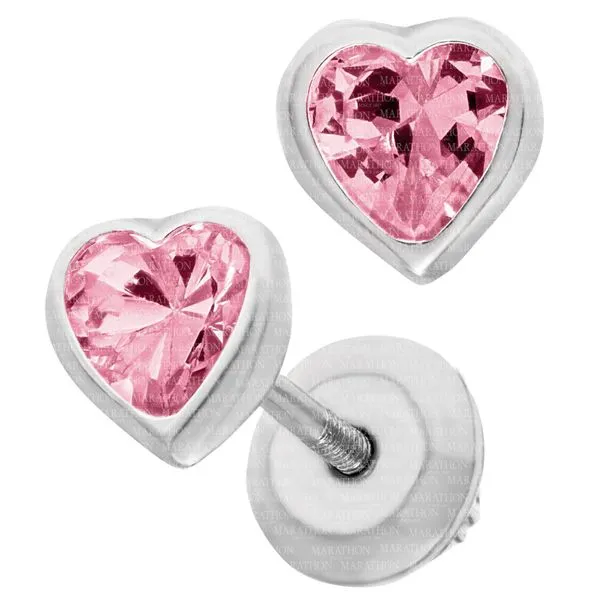 MARATHON  Children's Heart Birthstone Stud Earrings, Sterling Silver, Rhodium, OCTOBER, Pink CZ, Threaded Post  ES43310 Barnes Jewelers Goldsboro, NC