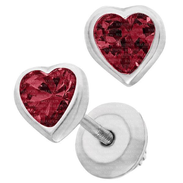 MARATHON  Children's Heart Birthstone Stud Earrings, Sterling Silver, Rhodium, JULY, Red CZ, Threaded Post  ES43307 Barnes Jewelers Goldsboro, NC
