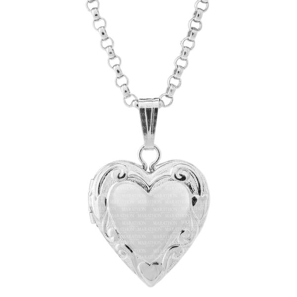 MARATHON  Children's Scroll Embossed Heart Locket Necklace, Sterling Silver, Rhodium, 13MM, 15