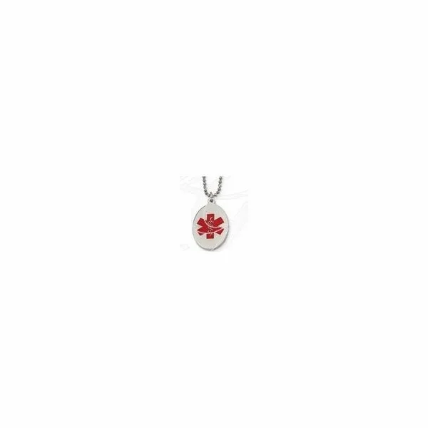 Chisel  Stainless Steel Necklace w/Red Oval Medical Alert Pendant 34mm x 21mm. Bead Chain 1mm x Length 22