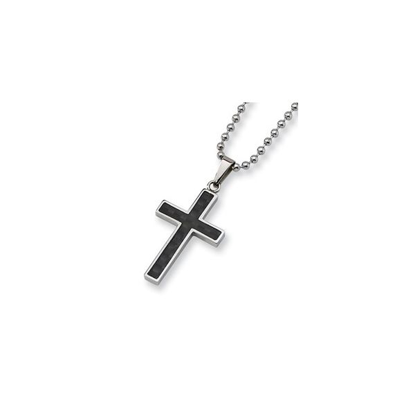 Chisel Stainless steel Necklace w/ Black Carbon Fiber Cross 40mm x 18mm , Bead chain 2mm x  22