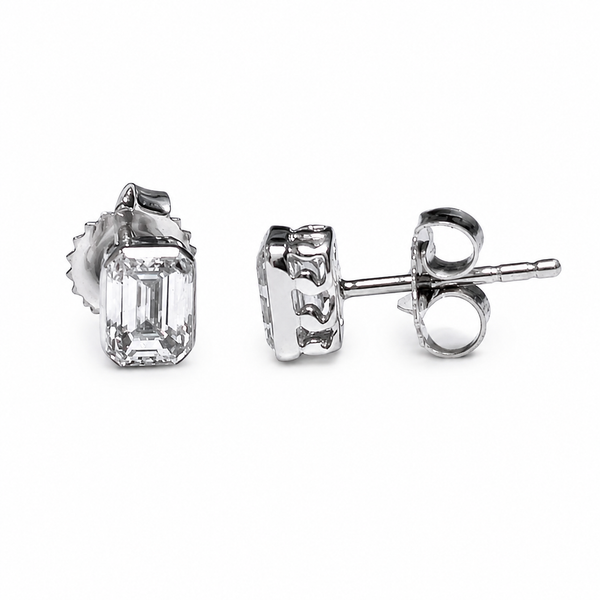 14K White Gold 1.50TW VS+ F+ Emerald Cut Bezel  Lab-Grown Diamond Studs Earrings Barthau Jewellers Stouffville, ON