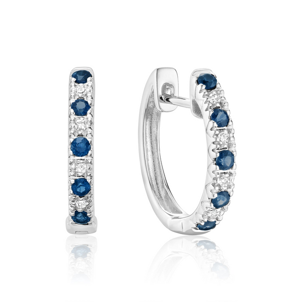 14K White Gold Blue Sapphire & Diamond Huggie Earrings Barthau Jewellers Stouffville, ON