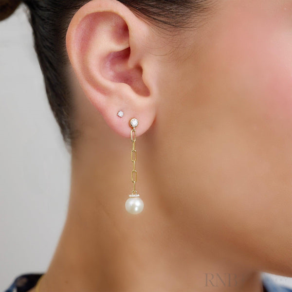 14K Yellow Gold 8mm Freshwater Cult Pearl Paper Clip Diamond Dangle Earrings Image 2 Barthau Jewellers Stouffville, ON