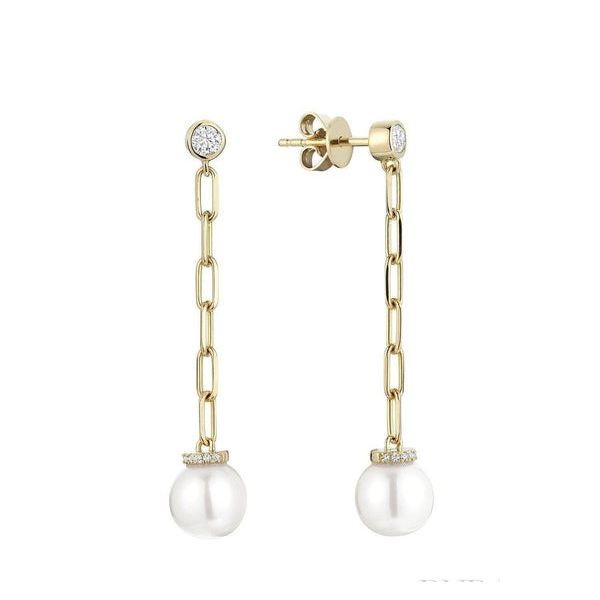14K Yellow Gold 8mm Freshwater Cult Pearl Paper Clip Diamond Dangle Earrings Barthau Jewellers Stouffville, ON