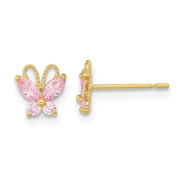 14K Yellow Gold Kids Pink CZ Butterfly Earrings Barthau Jewellers Stouffville, ON