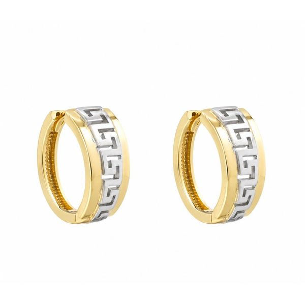 10K Yellow & White Gold Greek Key Pattern 15mm Hoop Earings Barthau Jewellers Stouffville, ON