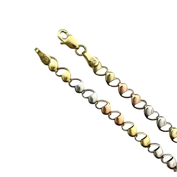 14K Tri Colour Gold 4MM Heart Link Bracelet 7.5
