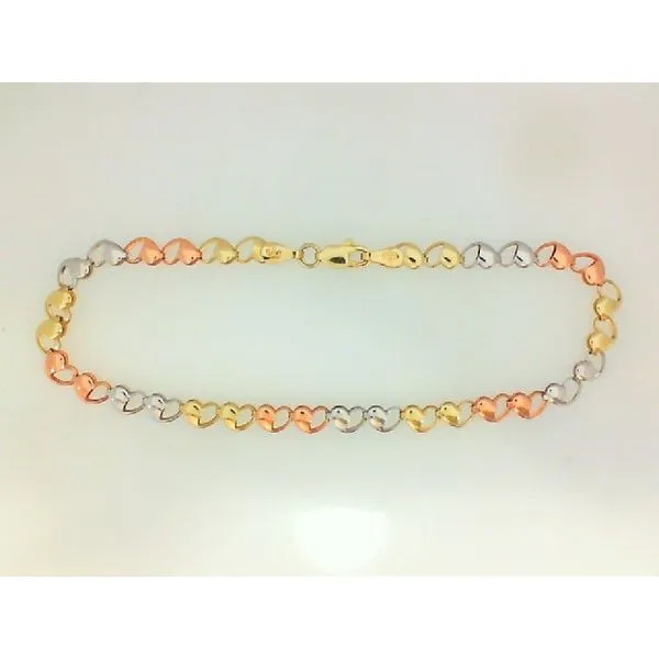 14K Tri Colour Gold 4MM Heart Link Bracelet 7.5