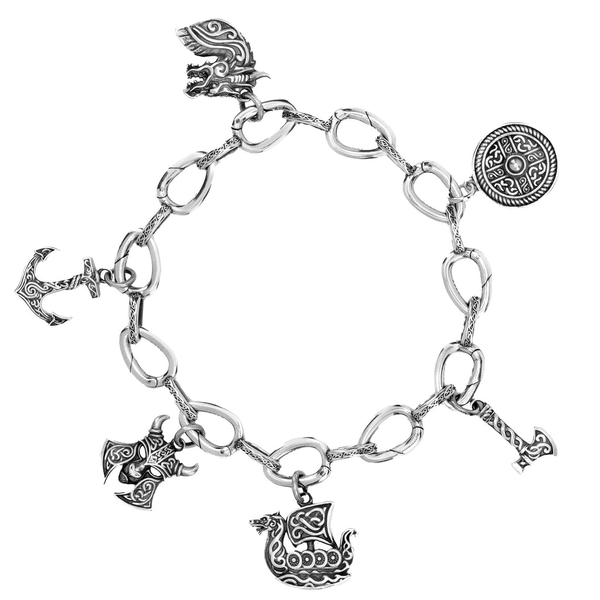 Sterling Silver KEITH JACK Oxidized 11 Rectangular Link Charm Bracelet, Apprx. 8