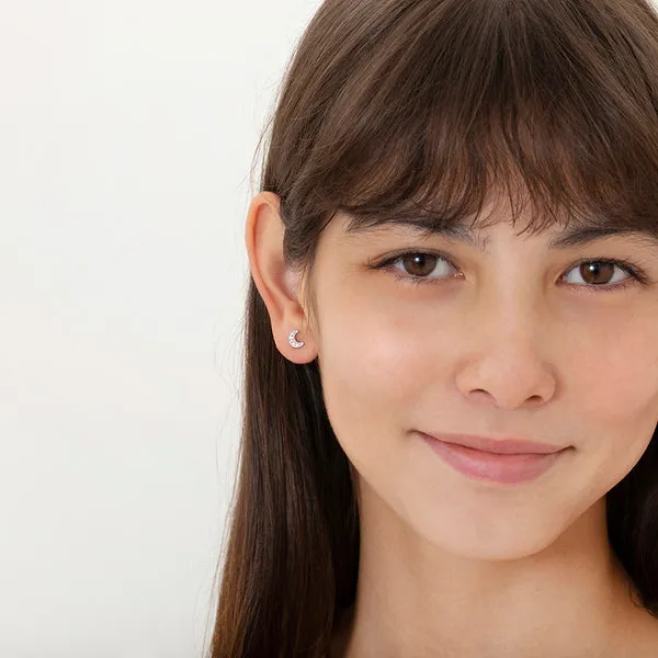 Sterling Silver  CZ Moon And Star Kids Earrings Ages 3-17 Image 2 Barthau Jewellers Stouffville, ON