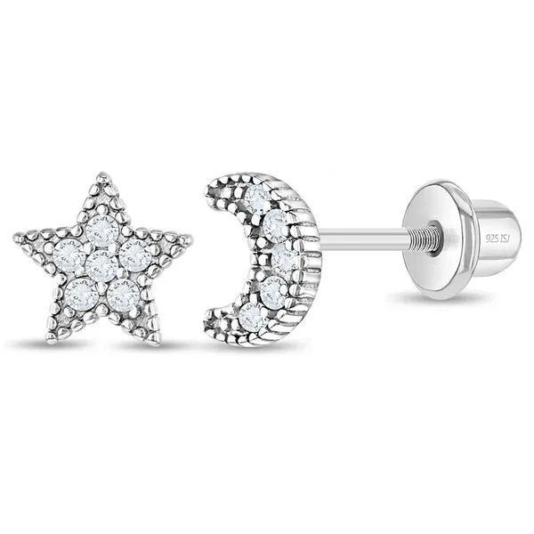 Sterling Silver  CZ Moon And Star Kids Earrings Ages 3-17 Barthau Jewellers Stouffville, ON