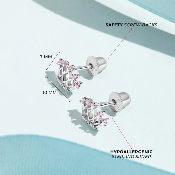 Sterling Silver Pink CZ Crown Kids Earrings Ages 0-10 Image 3 Barthau Jewellers Stouffville, ON