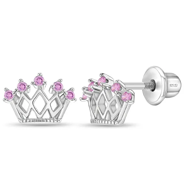 Sterling Silver Pink CZ Crown Kids Earrings Ages 0-10 Barthau Jewellers Stouffville, ON