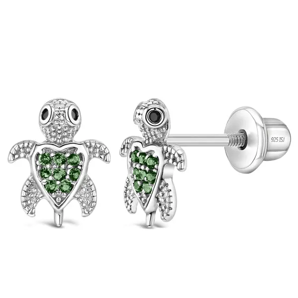 Sterling Silver Green CZ Turtle Kids Earrings Ages 3-17 Barthau Jewellers Stouffville, ON